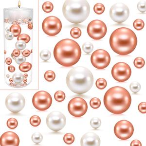 UDU 150 Pcs Vase Filler Floating Beads No Hole Faux Pearls Makeup Beads Mixed Sizes Round Pearls for Centerpieces Vase Home Party Wedding Decor, 8/14/20 mm (White,Rosegold)