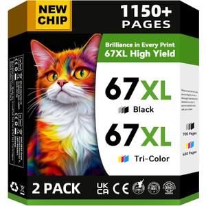67XL Ink Cartridges Black/Color Combo Pack Compatible for HP Ink 67 67XL Works with HP Deskjet 2800e 2855e 2755e 2700e 2734e 2700 2755 2827e 4155e 4227e 4255e Envy 6000 6055e 6455e Series (2-Pack)