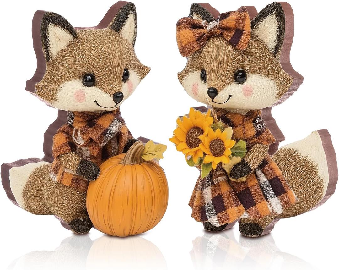 2 Pcs Fall Fox Figurine Thanksgiving Wooden Fox Figurines Table Decoration for Autumn Thanksgiving Gifts Home Office Centerpiece Decor Party Supplies (Classic Style)