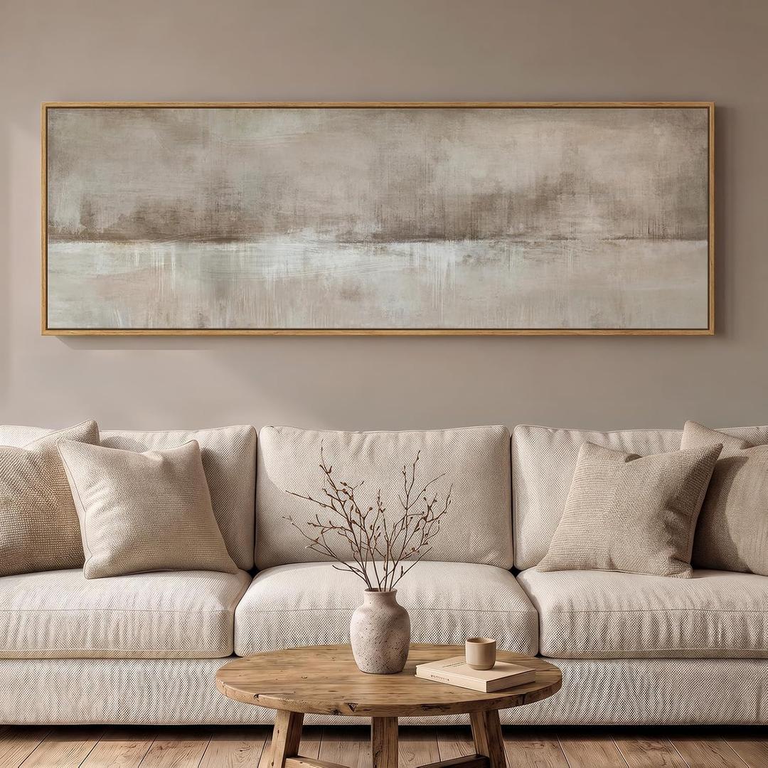Large Framed Neutral Abstract Wall Art for Living Room, Horizontal 60x20 In