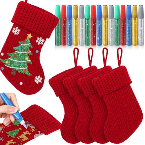 Jenaai 4 Pack 9 Inch Christmas Stockings with 12 Pcs Glitter Glue Pens Knit Christmas Stocking Glitter Glue Stick Set Washable Painting Pens for Fireplace or Party Decoration DIY Arts Projects