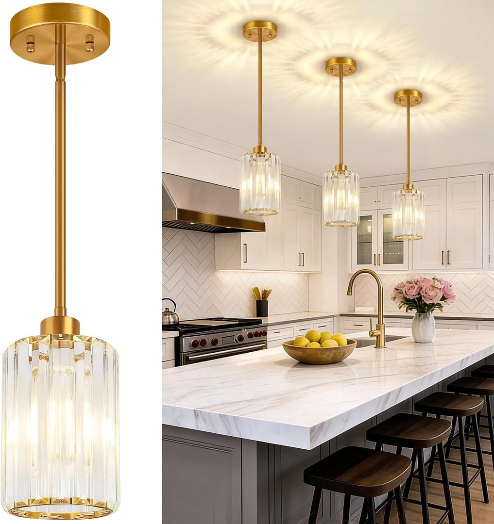 3 Pack Brushed Gold Pendant Lights Kitchen Island, Modern Crystal Chandelier Kitchen Pendant Lighting Over Island, Adjustable Hanging Mini Light Fixtures for Dining Room Hallway Corridor Bedroom