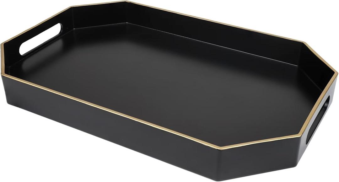 Black Decorative Tray with Handles, Octagon Versatile Serving Tray for Coffee Table, Ottoman, Ideal for Serving, Displaying, Organizing (15.7" x 10.2" x 1.6")