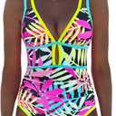 popvil Women One Piece Swimsuit 2026 Tummy Control Sexy Cutout Neon Color Block Bathing Suit Slimming Adjustable Swimwear (XL, Leaves Printed)