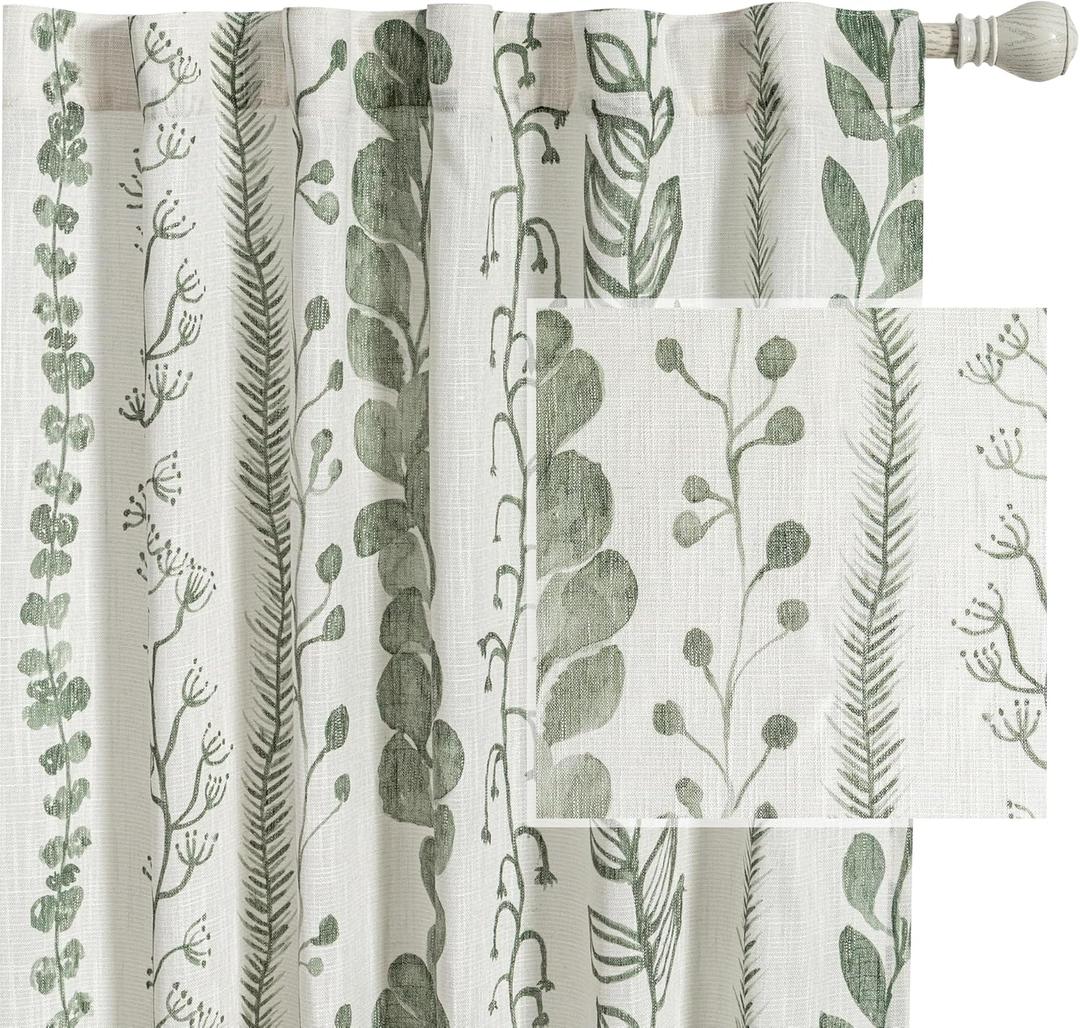 MEETSKY Sage Green Curtains 72 Inches Long 2 Panels Boho Curtains for Living Room Light Filtering Patterned Drapes for Bedroom Linen Style Back Tab Leaf Print Window Treatment, 50 Wide Each Panel