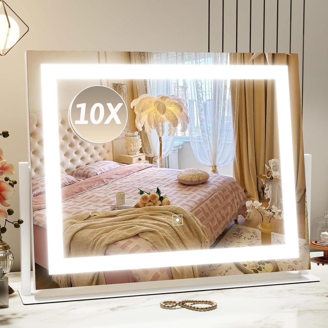 ROLOVE Vanity Mirror with Lights 22"x18", Lighted Makeup Mirror with 10X Magnification, Smart Touch 3 Colors Dimmable, 360 Rotation, Women Gift, Dresser Mount, Bathroom (White)