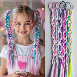 6-Pack Colorful Braided Hair Extensions Elastic Tie-On Synthetic Braids Fun and Easy Hairpieces Cute Ponytail Accessories for Daily Wear, Parties & Gifts