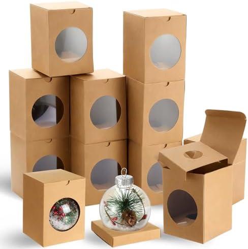 Fullhawl 20 Pack Christmas Ornaments Balls Boxes 3.2''x 3.2"x 4.2" for 3.15''/80 mm Round Balls Gift Box with Lids and Window Xmas DIY Ornament Party Favor for Selling Cupcake Gift Packaging(Craft)