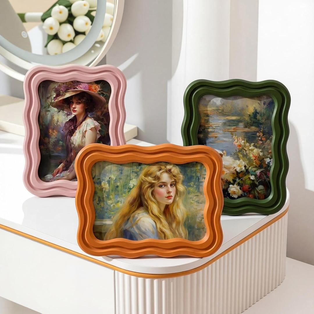 Vicenpal 3 Pack 5 x 7 Inch Scalloped Picture Frame Vintage Curved Funky Decorative Picture Frame for Desktop Wall Display Home Decor Gift Aesthetic Art Design (Retro Colors)