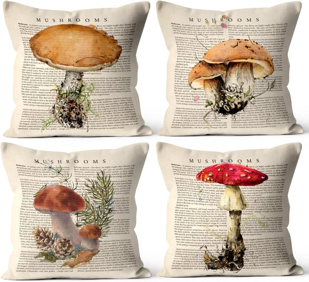 Vintage Decor Mushroom Throw Pillow Covers for Home Farmhouse, 18 x 18 Inch Spring Summer Cushion Case Decoration for Sofa Couch Set of 4