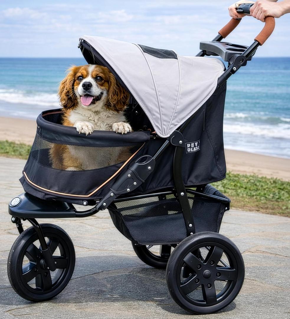 Pet Gear No-Zip AT3 Pet Stroller for Cats/Dogs, Zipperless Entry, Easy One-Hand Fold, Jogging Tires, Removable Liner, Cup Holder + Storage Basket, Sea Salt