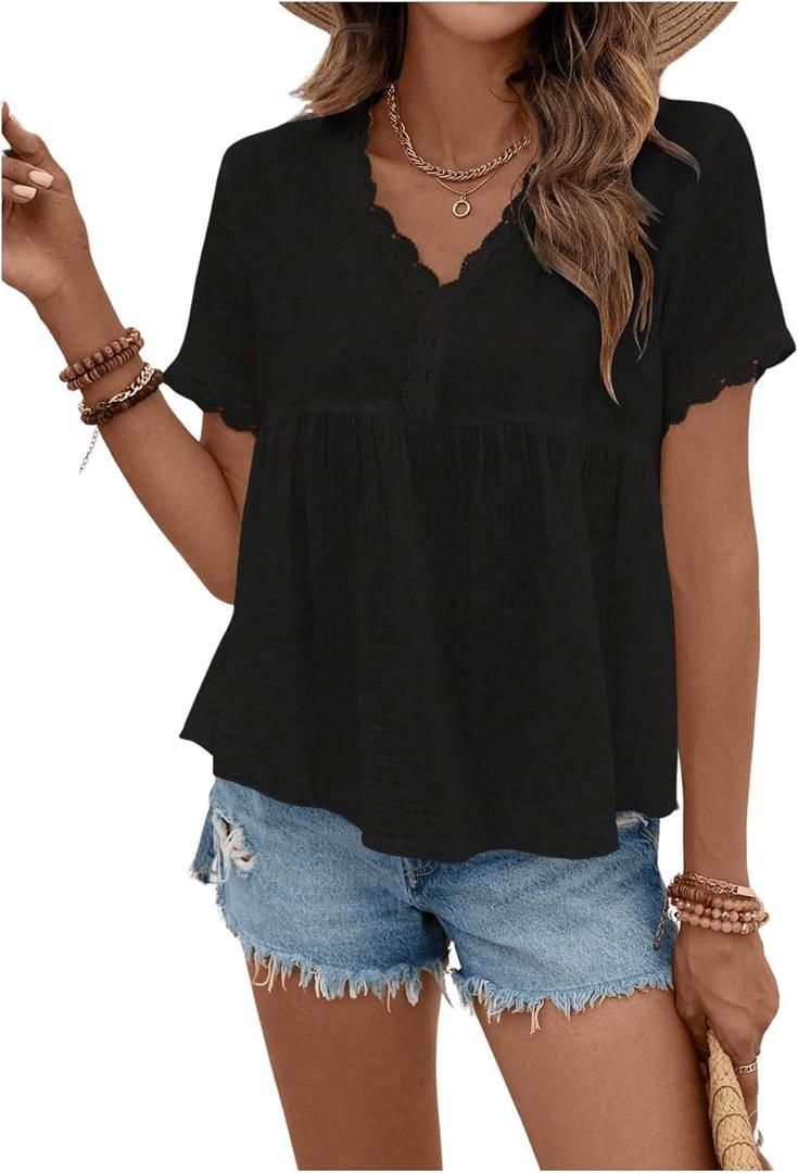 SweatyRocks Women's Short Sleeve Lace Trim Blouse V Neck Ruffle Hem Peplum Shirt Tops Black X-Small