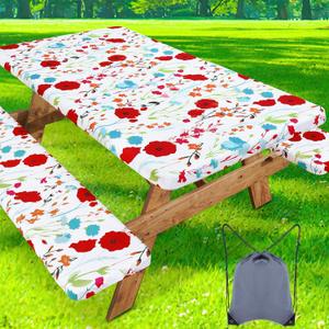 misaya Picnic Table Cover with Bench Cover, Waterproof Elastic Fitted Tablecloth for 6 Foot Tables, Rectangle Washable Polyester Fabric Tablecloths for Picnic, Camping, Outdoor (Flower, 30" x 72") (Off White)