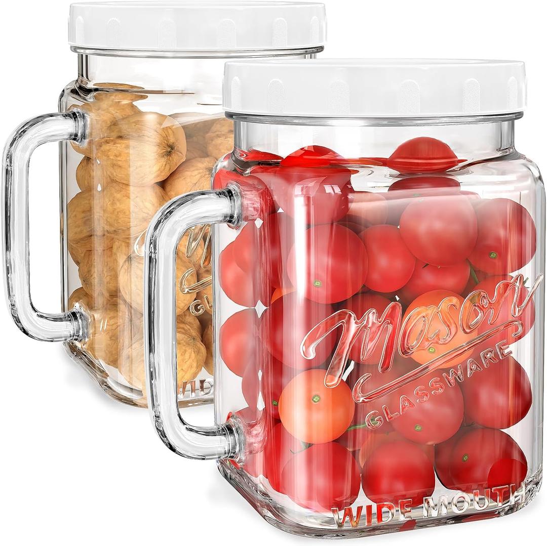Amzcku 2 Pack Large Glass Mason Jars, 74 oz Wide Mouth with Lid with Handles for Fridge, Glass Canisters for Food Storage, DIY Decor, Perfect for Sugar, Flour, Cookies, Pickles, and More