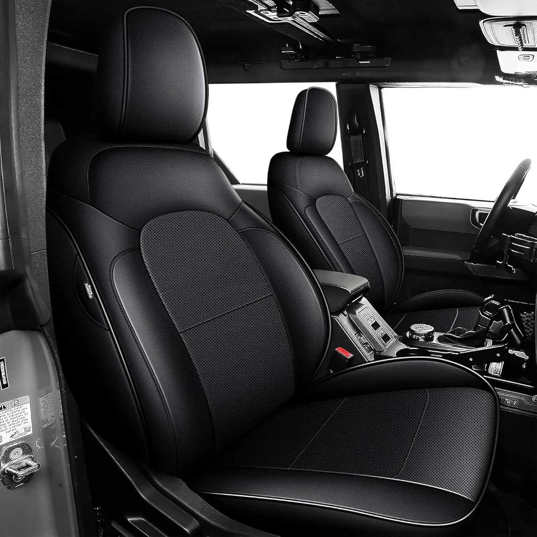 AOMSAZTO Seat Covers for Ford Bronco 4-Door 2021 2022 2023 2024 2025 - Custom Fit Faux Leather Car Seat Cover (Full Set, Black)