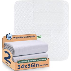 Waterproof Reusable Incontinence Bed Pads Washable Incontinence Underpads 8 Cups Absorbency,Mattress Protector for Adults, Kids and Pets(34x 36 inch 2 Pack) (White)