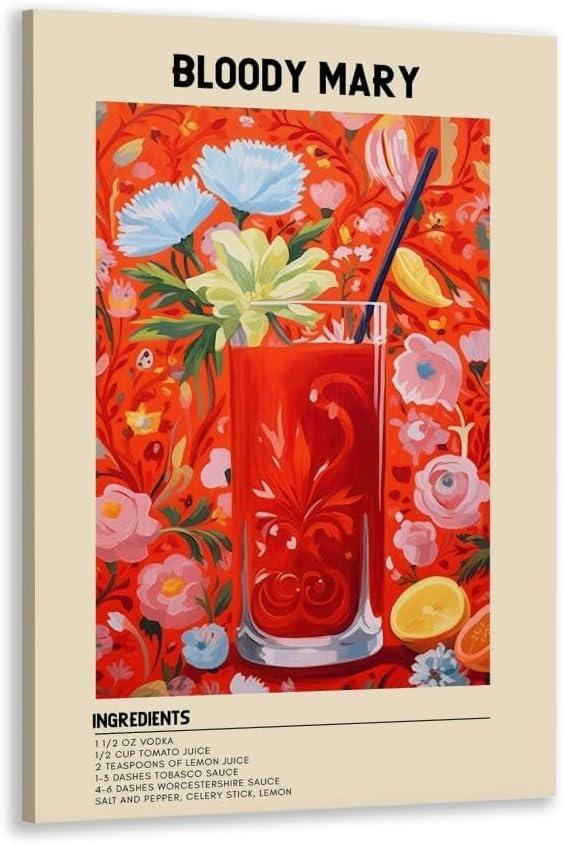 GyXzodonti Bloody Mary Cocktail posters retro cocktail wall art Cocktail Drink Wall Decor Vintage bar cart decor Kitchen Home Bar Cart Club Decor Canvas Print 16x24inch Framed (16L" x 24W", style-5-Framed)