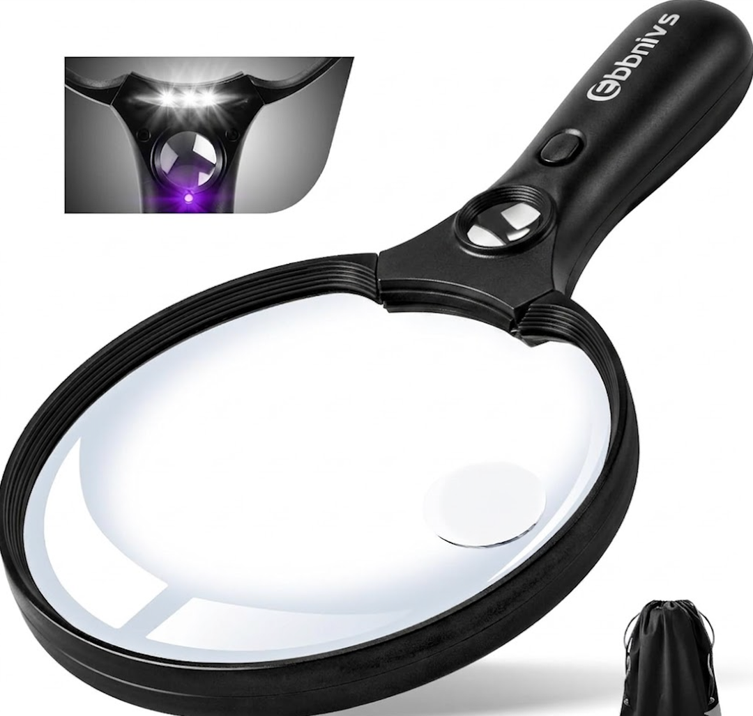 Large Magnifying Glass with Light, Magnifier Handheld Illuminated Lighted Magnifier with 3 LED Lights 1 UV Light Storage Bag Clean Cloth for Seniors Reading Inspection (Black)