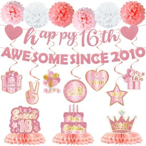 Sweet 16 Birthday Decorations, 18 Pcs Rose Gold Happy 16th Birthday Party Supplies with Banner Honeycomb Hanging Swirls Pom Poms, Party Decor Gifts for 16 Year Old Girl