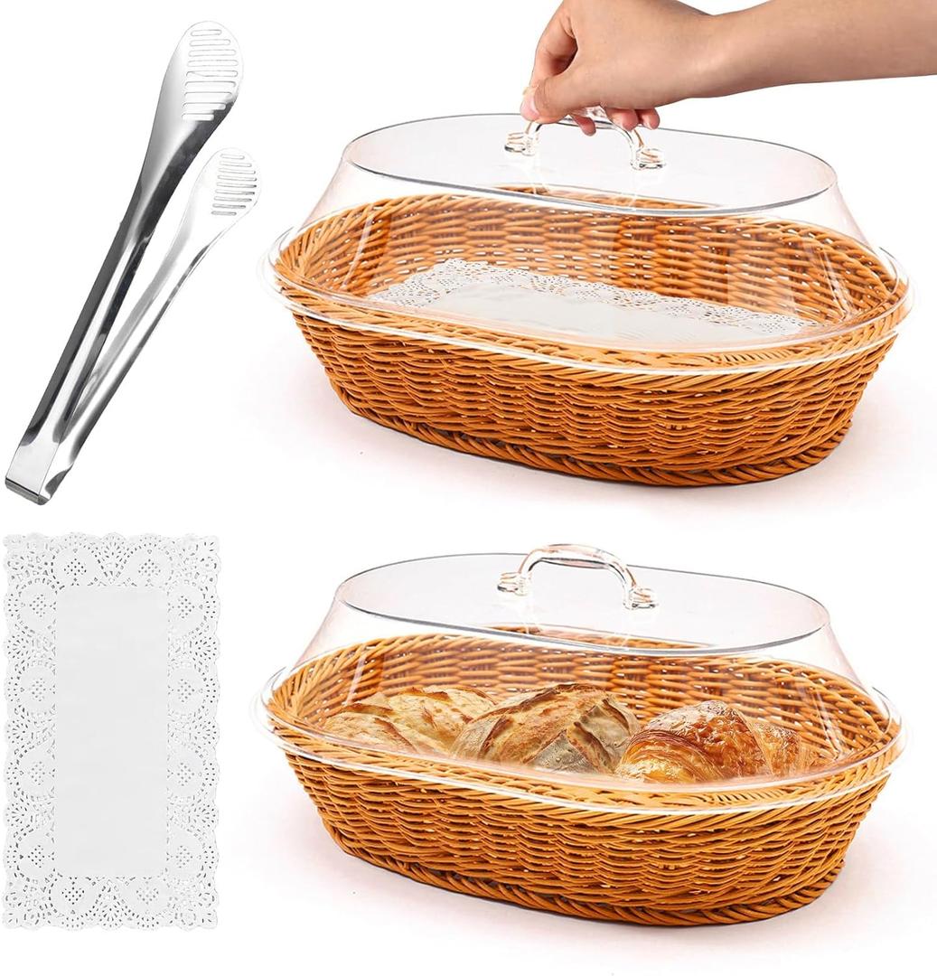 Rattan Bread Baskets, 2 Pack, Oval Woven Baskets with Acrylic Lids, 15.75 x 11.81 inches, Stainless Steel Tongs, Lace Doilies, for Bread, Fruit, Food Display