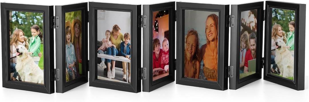 Sintuff 7 Folding Hinged Picture Frames Foldable Photo Frames High Definition Natural Wood Collage mounts Rustic Desktop Acrylic mounts for Family Birthday wall Decor, Black (4 x 6 Inch)