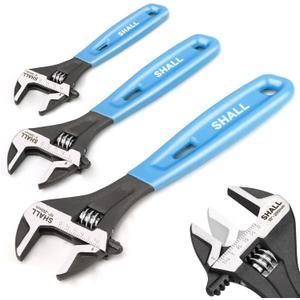 SHALL 3-Piece Adjustable Wrench Set, 10/8/6 Inch Cr-V Steel Wrench with Cushion Grip, Wide Jaw Black Oxide Wrench with Laser-etched SAE Scales for Home, Garage, Workshop and DIY (Blue)
