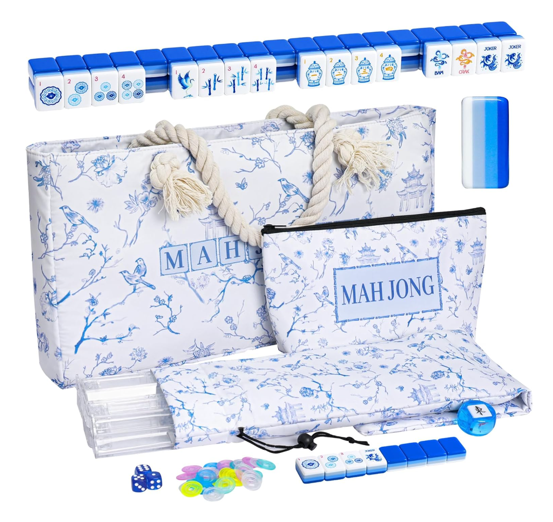 TIASUSAN American Mahjong Game Set(4 Layer), 160 Blue Engraved Tiles, White Bag and Entire Accessories, 4 All-in-One Rack/Pushers, Mahjong Tile Set
