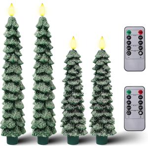 4 Pcs Flameless Taper Candles, Christmas Tree Candles with Remote, Battery Operated Candlesticks - Snow-Covered Effect Design - 10 Inches Flickering LED Window Candle Lights