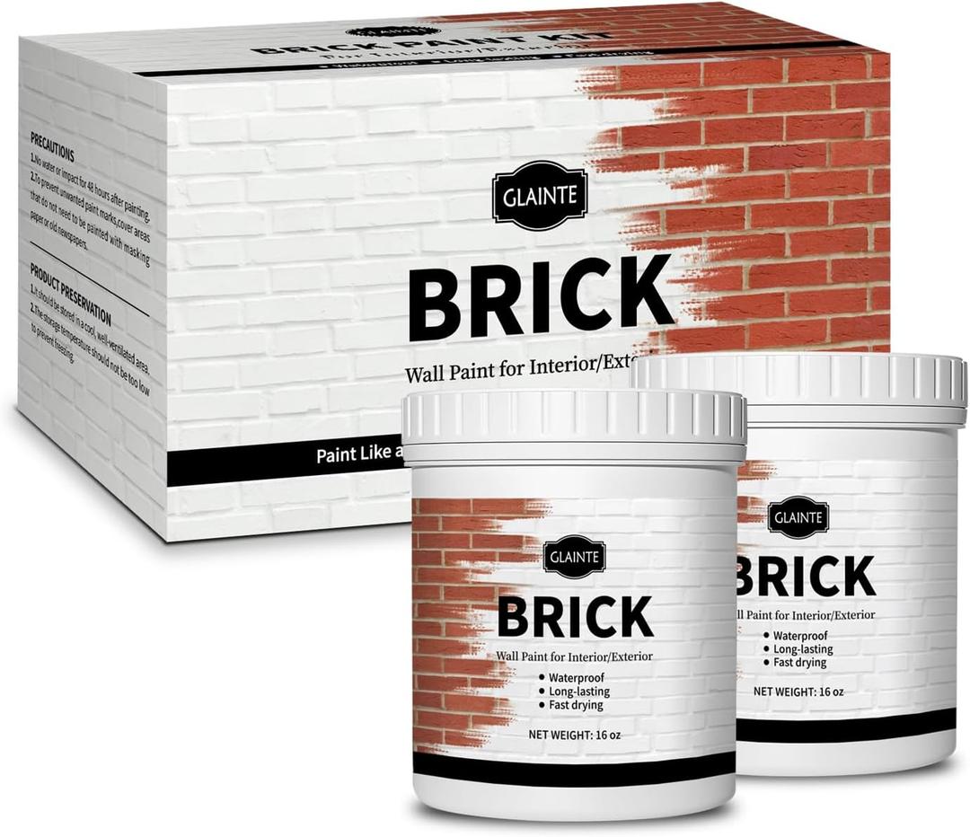 GLAINTE Brick Transformation Paint for Brick, Fireplaces, Walls, and Concrete, Interior/Exterior, 32 oz Kit, White, Included Tools (32 Fl Oz (Pack of 1))