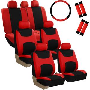 FH Group Light & Breezy Cloth Car Seat Covers, 7 Seater Three Row Set- Airbag & Split Ready -Universal for Cars Trucks and SUVs (Red/Black)