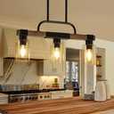 XvmBvm Farmhouse Dining Room Light Fixtures Over Table，Rustic Ceiling Pendant Lights Kitchen Island，3-Light Wood Kitchen Island Lighting Linear Chandelier with Clear Glass lampshade