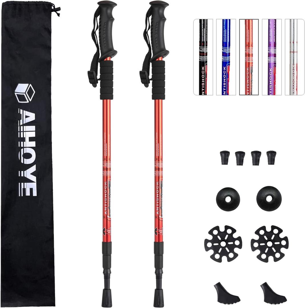 Aihoye Hiking Trekking Poles, 2 Pack Collapsible, Lightweight, Anti Shock, Walking Sticks, Adjustable Hiking Pole for Men and Women (red)