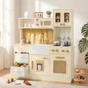 labebe Wooden Play Kitchen for Kids, Toy Kitchen Set with Ice Maker, Stove, Sink, 15 Accessories, Extra Storage with 2 Bins, Pretend Play for Boys & Girls Ages 3+