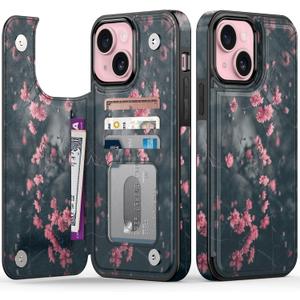 FUNMIKO for iPhone 15 Plus Wallet Case with Card Holder, RFID-Blocking, Military-Grade Protection & UV-Printed Artwork, Magnetic Closure with Leather Kickstand - Mystic Blooming Plum