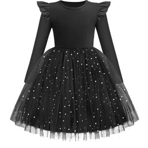 Arshiner Toddler Girls Tutu Dresses Long Sleeve Ruffle Fall Winter Holiday Star Sequin Tulle Dress (110, Black)