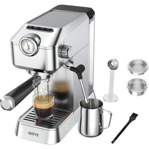 Espresso Machine, 20 Bar Stainless Steel Espresso Maker Silver Coffee Machine for Home or Office