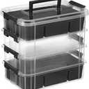 JUXYES 4-Tiers Stack Carry Storage Box With 2 Divided Tray, Transparent Stackable Storage Bin With Handle Lid Latching Storage Container for School & Office Supplies, Black
