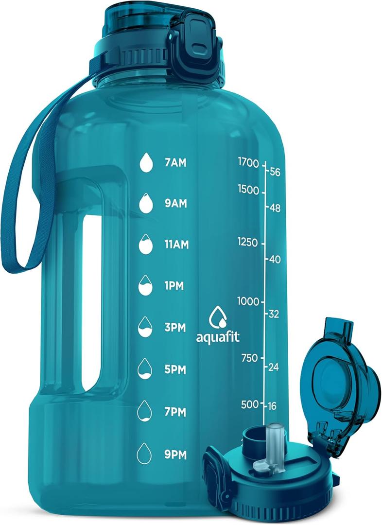 AQUAFIT 64 oz Water Bottle with Time Marker, Half Gallon Gym Bottle with Straw, Handle & 2-in-1 Lid