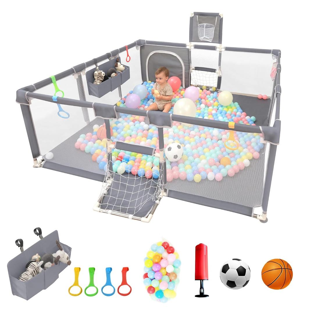 Playpen for Babies and Toddlers,73"x71"Baby Playpen with Mat IndoorOutdoor with Breathable Play Pen with Ocean Balls Hanging Pocket Basketball Hoop and Football Goal (Grey, 73"x71")
