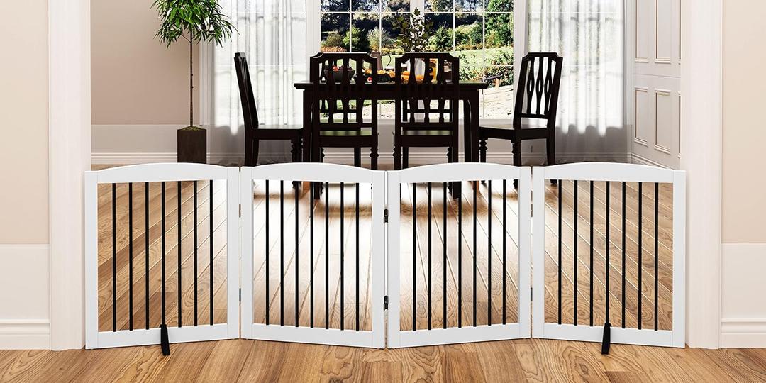 Freestanding Pet Gate for Dogs, Foldable Wooden Dog Gate for House, Indoor Dog Gate for Stair, Doorway, Gates for Dogs Indoor, 80 Inch Wide, 4 Panels 24",White