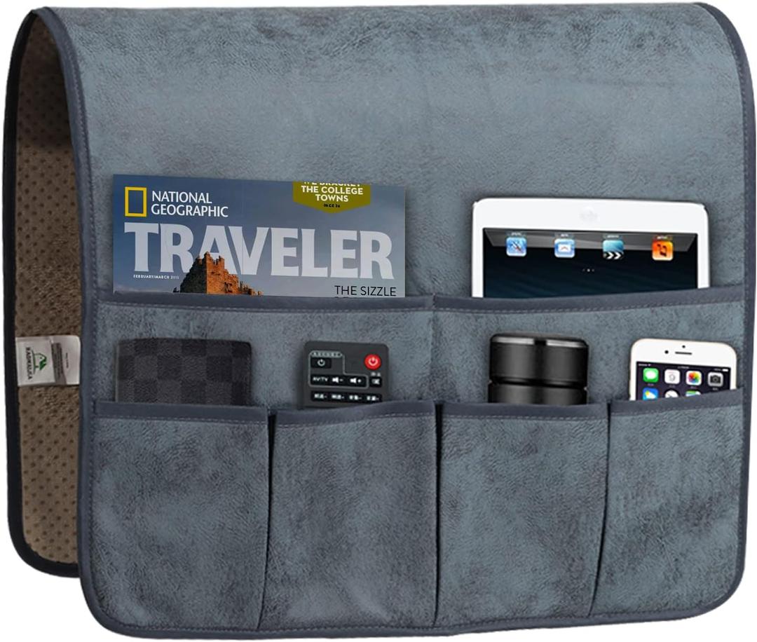 HAOMAIJIA Anti Slip Sofa Armrest Organizer Arm Chair Bedside Caddy Storage Organizer For Recliner Couch With 6 Pockets For Cell Phone Tv Remote Control Magazines, Grey Blue