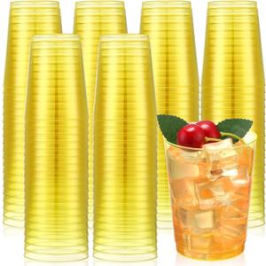 Minatee 100 Count Plastic Cups Disposable Fancy Cups Heavy Duty Wine Cocktail Glasses for Mother's Day, Wedding, Graduation, and Birthday Party Plastic Drinking Tumblers(Yellow,10 oz)