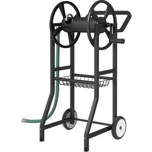 Garden Hose Reel Cart with Wheels, Outdoor Heavy Duty Powder Coated Steel Water Winder Storage Holds 125 ft 5/8" Hoses with 3.9ft Leader Hose and Basket for Backyard, Yard, Lawn, Black
