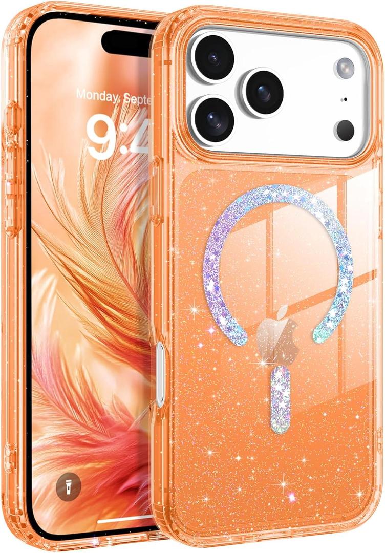 BENTOBEN Magnetic for iPhone 17 Pro Max Case, Clear Crystal Glitter Bling 17 Pro Max Phone Case [Compatible with MagSafe], Shockproof Sparkly Cute Women Girl Cover for iPhone 17 Pro Max, Cosmic Orange