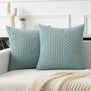 Kevin Textile Throw Pillow Covers Soft Corduroy Decorative Set of 2 Boho Striped Pillow Covers Pillowcases Farmhouse Home Decor for Couch Bed Sofa Living Room 20x20 Inch Dusty Green