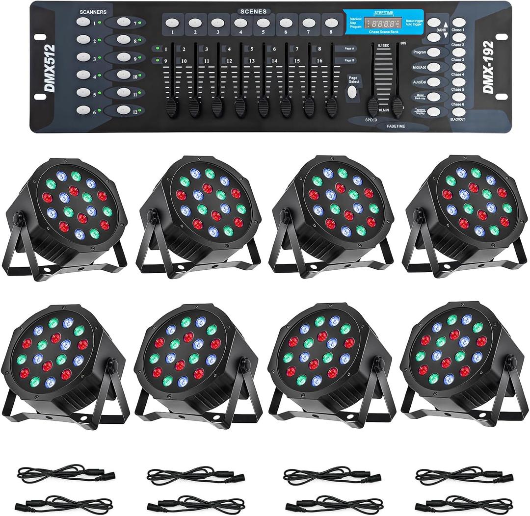 8 Pack RGB LED Par Lights with DMX512 Controller, 18x3W Sound Activated Stage Lights, DJ Uplighting System with Master Slave & Auto Modes for Wedding, Party, Club, Church Events