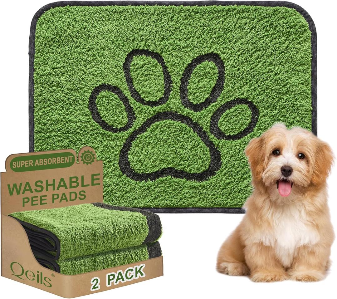 Qeils Reusable Dog Pee Pads, 2 Pack Super Absorbent & Leakproof Washable Puppy Pads with Soft Green Top Layer, for Potty Training, Crates, Couch, Car Seats & Pet Beds, 18"x24"