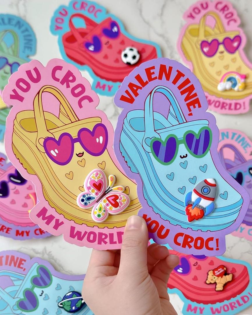 Valentines Day Cards for Kids School - Valentines Gifts for Kids - 36 Valentine Cards with Shoe Charms Bulk - Funny Valentine Exchange Card for Boys Girls Toddler Class Classroom Gift Party Favors