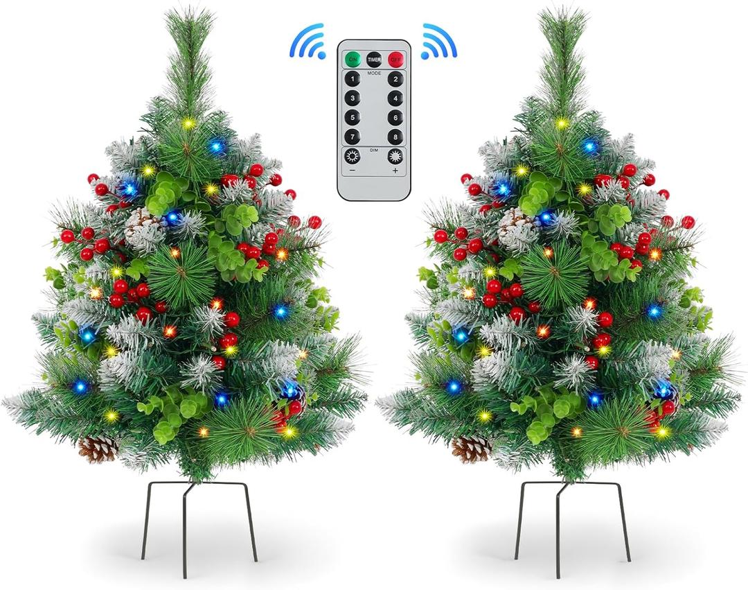 Set of 2 30 Inch Lighted Outdoor Christmas Tree with Remote, 50 Led Lights, Battery Operated Pre-Lit Urn Filler Porch Decorations with Pine Cones, Red Berries, Green Leaves for Home, Porch, Yard Decor