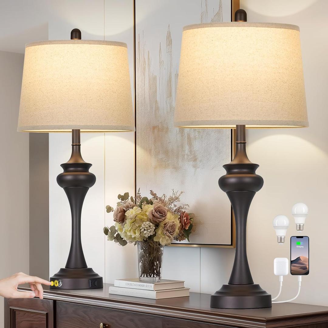 Rinweey 30" Brown Table Lamps for Bedroom, 3-Way Touch Control Bedside Lamps Set of 2, Tall Lamp for Living Room with USB A+C Ports, Elegant Coffee Night Stand Lamp for End Table, 2 Bulbs Included